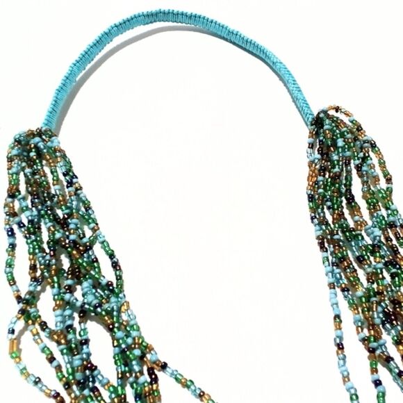 Vintage Hand Woven Turquoise & Gold Multi Strand Seed Bead Necklace - Picture 4 of 8